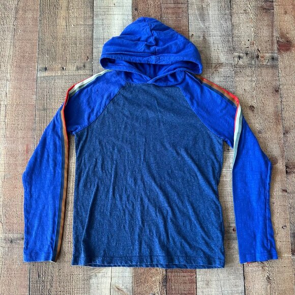 Mini Boden Boys Blue Hooded Sweatshirt With Striped Sleeves 11-12 Yrs - Picture 1 of 6